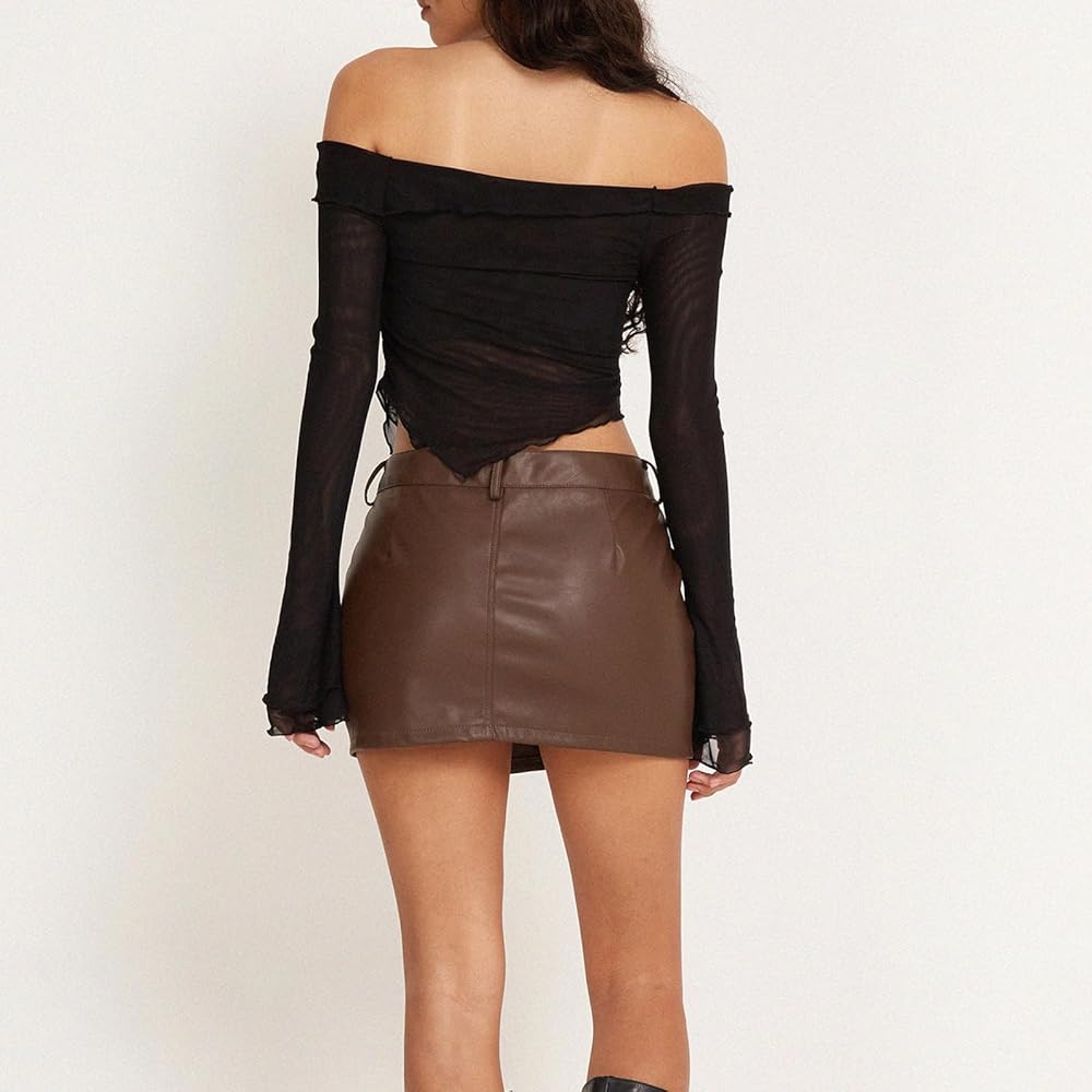 トップス Asymmetry slim off shoulder tops skirt Women's Off Shoulder Mesh Tops Long Sleeve Slim Fit Crop T